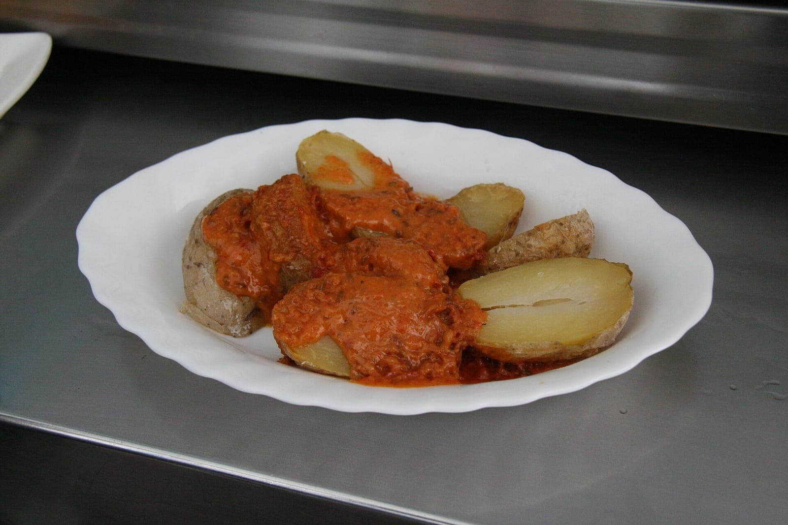 Canarian papas arrugadas served with red mojo
